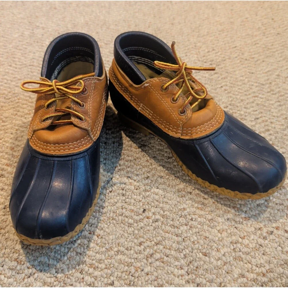 LL Bean Bean Classic Low Duck Boots Mens 8 Blue Tan Rubber Outdoor Lace Up